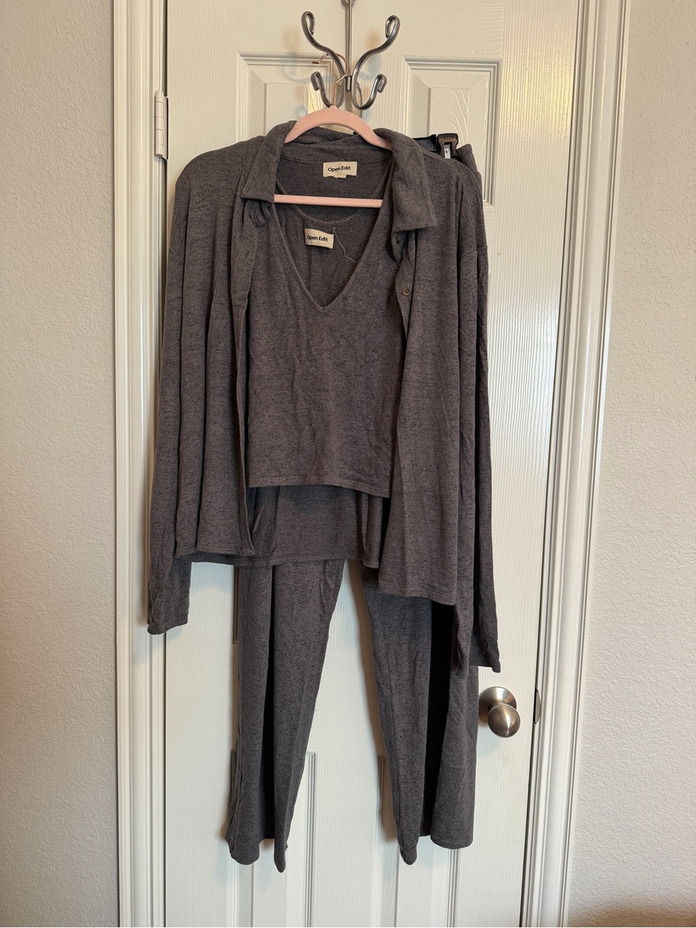 Open Edit Cozy Cardi 3 Piece Lounge Set Gray Pewter Marl Plus 1X